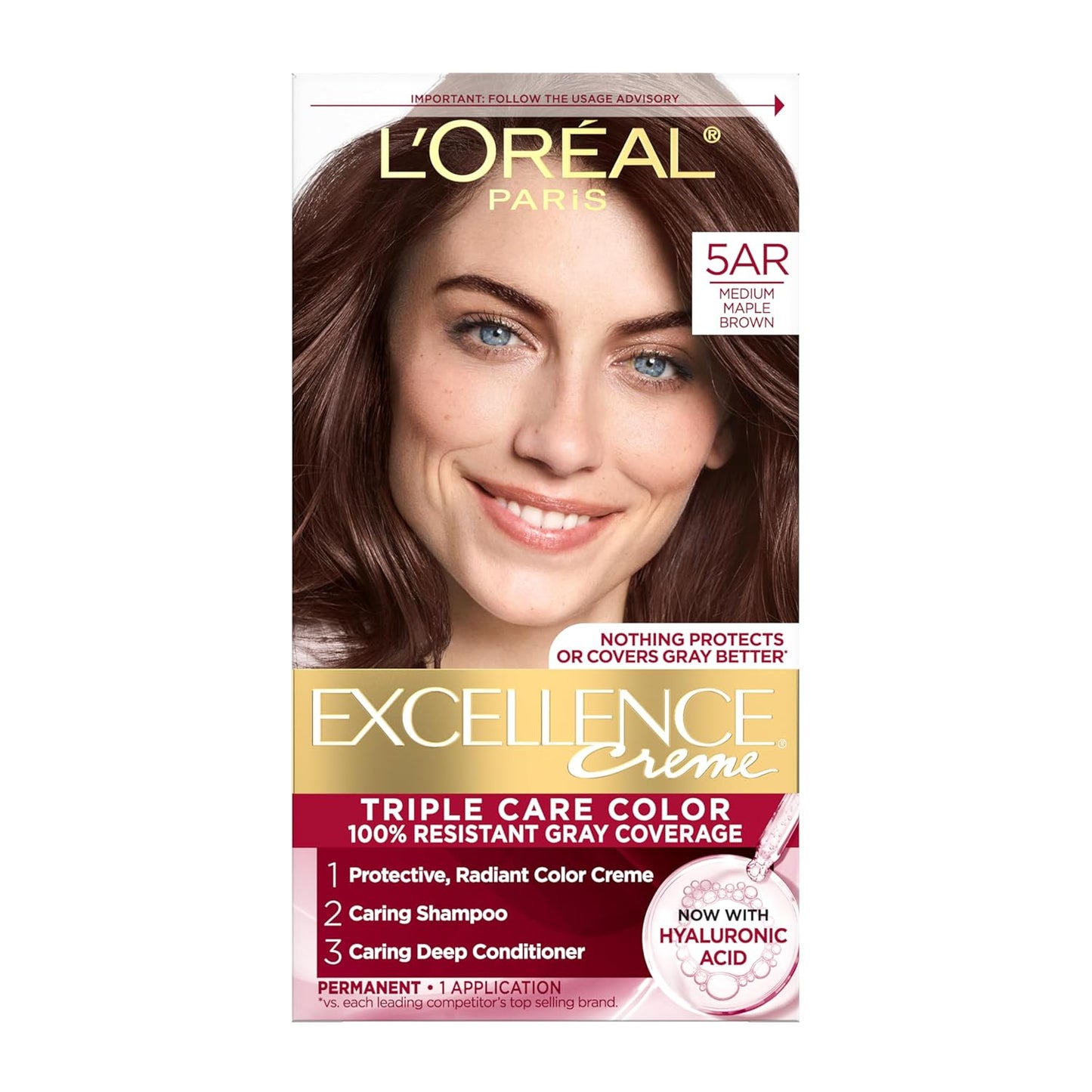 L'Oreal Paris Excellence Crème Permanent Hair Dye, Triple Care Hair Color with Hyaluronic Acid for 100% Gray Coverage, 5AR Medium Maple Brown, 1 Kit (Packaging May Vary)