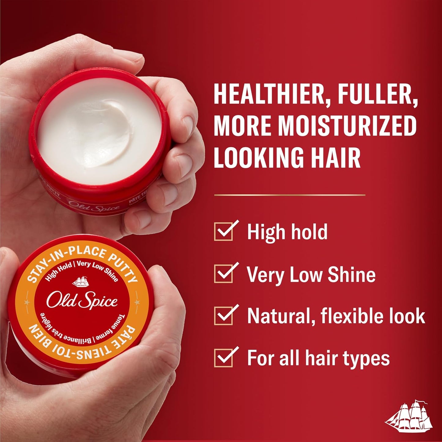 Old Spice Mens Hair Putty, Stay-In-Place Hair Styling Putty for Men, High Hold, Very Low Shine, 2.22 oz