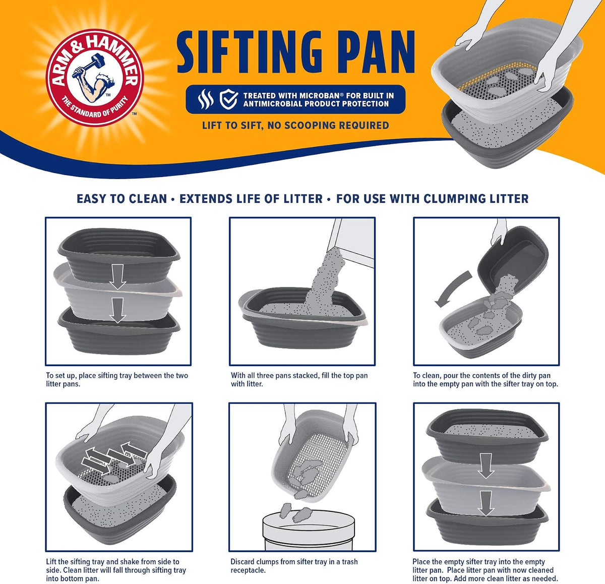 Arm & Hammer Large Sifting Litter Box Scoop Free Cat Litter Tray with Microban