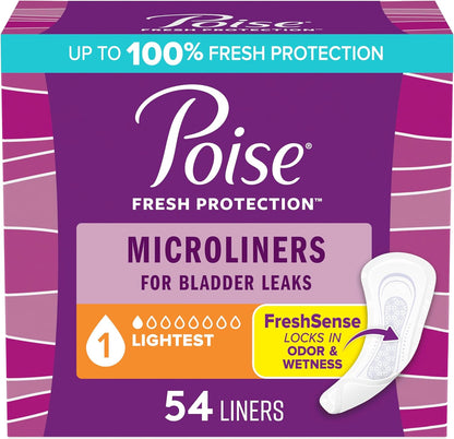 Poise Daily Microliners, Incontinence Panty Liners for Bladder Leaks, 1 Drop Lightest Absorbency, Regular, Pantiliners, 54 Count (Pack of 6)