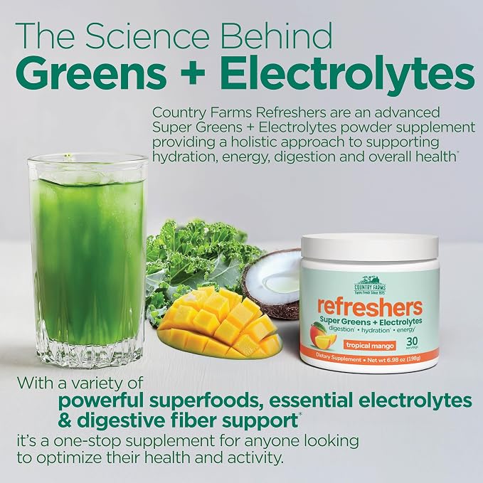 Country Farms Refreshers, Super Greens and Electrolytes, Essential Minerals and Superfoods, Hydration Support, Promotes Natural Energy, with Fiber, Tropical Mango, 30 Servings