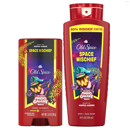 Old Spice X Super Mario, Space Mischief with Armed Amber Scent, Aluminum Free Deodorant + Body & Face Wash Bundle for Men, Smell Super with 24/7 Lasting Freshness & 24/7 Shower Clean (Pack of 2)
