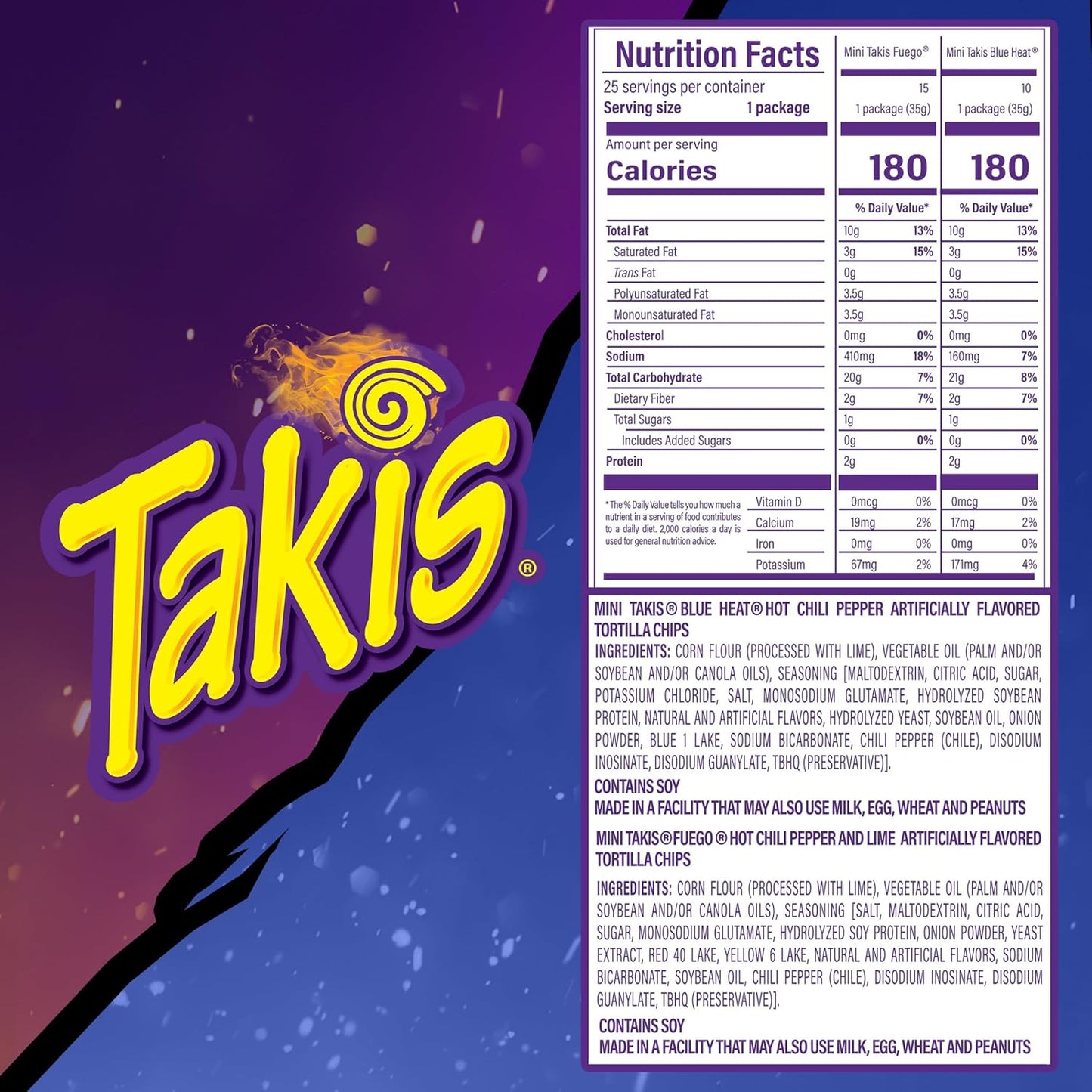 Takis Mini Assorted Variety Pack Rolled Tortilla Chips, 25 Count | (15) Fuego and (10) Blue Heat, Bite Size, 1.23oz Individual Bags for Snacking and Lunchboxes