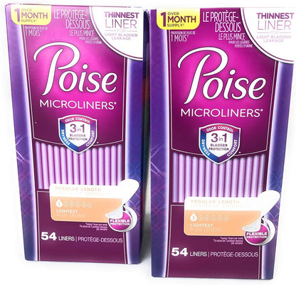 Poise Microliners, incontinence panty liners, lightest absorbency, regular, 54 Count, PACK OF 2