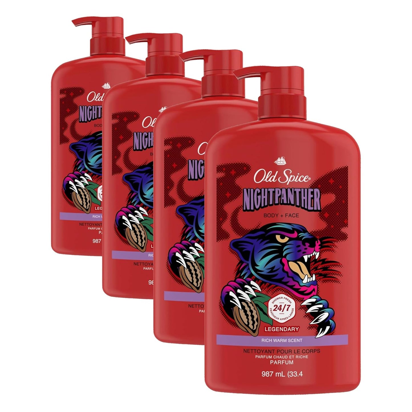 Old Spice Cleansing Body Wash for Men,3X Defense,24/7 Shower Fresh with Lasting Scent,2-in-1 Body & Face Wash,NightPanther with Rich Warm Scent,33.4 oz,(Pack of 4)