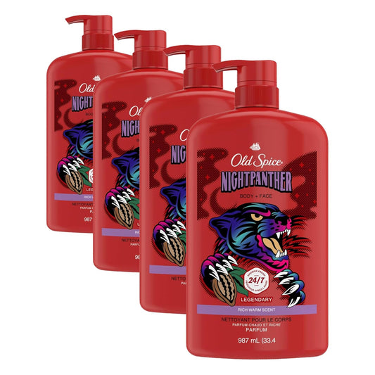 Old Spice Cleansing Body Wash for Men,3X Defense,24/7 Shower Fresh with Lasting Scent,2-in-1 Body & Face Wash,NightPanther with Rich Warm Scent,33.4 oz,(Pack of 4)