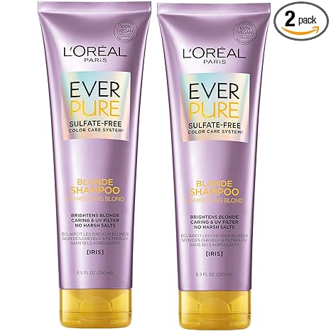 L'Oreal Paris EverPure Blonde Sulfate Free Shampoo for Color-Treated Hair, Neutralizes Brass + Balances, For Blonde Hair, 2 Count (8.5 Fl; Oz each) (Packaging May Vary)