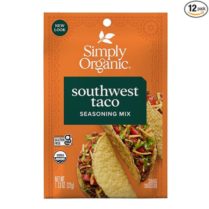 Simply Organic Southwest Taco Seasoning Mix, Gluten Free, Certified Organic, Kosher, Pure Flavor for Tacos, Stir-Fries, Mexican Dishes, and More | 1.13 Ounce (Pack of 12)