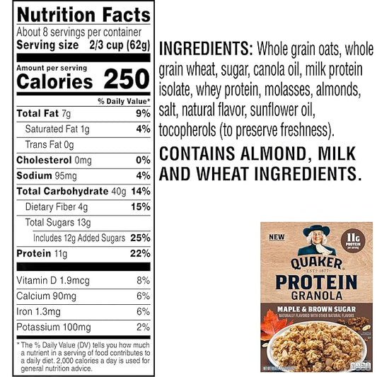 Quaker Protein Granola Breakfast Cereal, Maple Brown Sugar, 18oz Boxes (2 Pack)