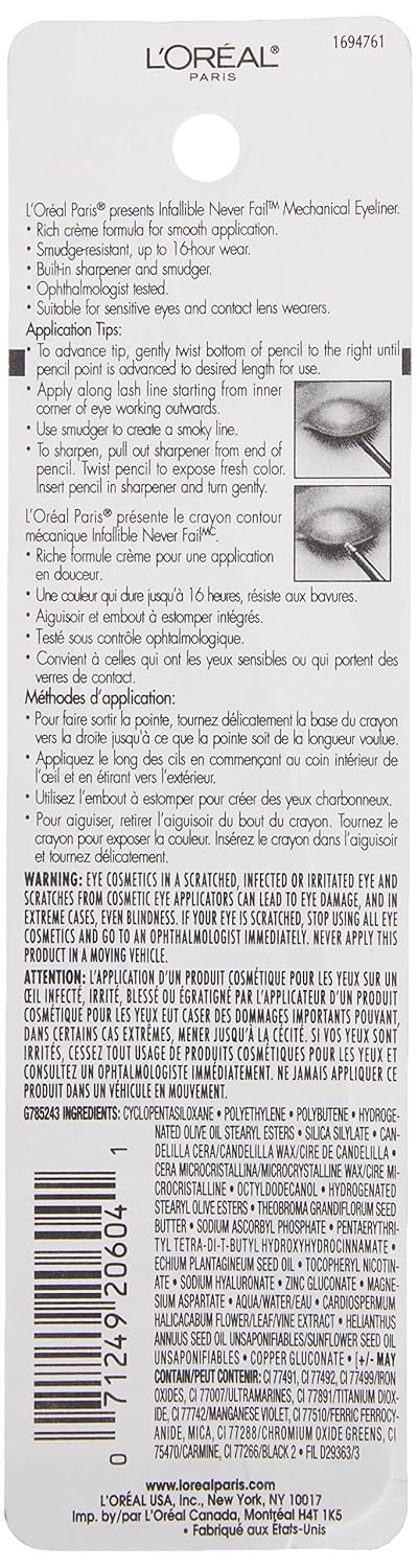 L'Oreal Paris Makeup Infallible Never Fail Original Mechanical Pencil Eyeliner with Built in Sharpener,Slate,0.008 oz.,(Pack of 2)