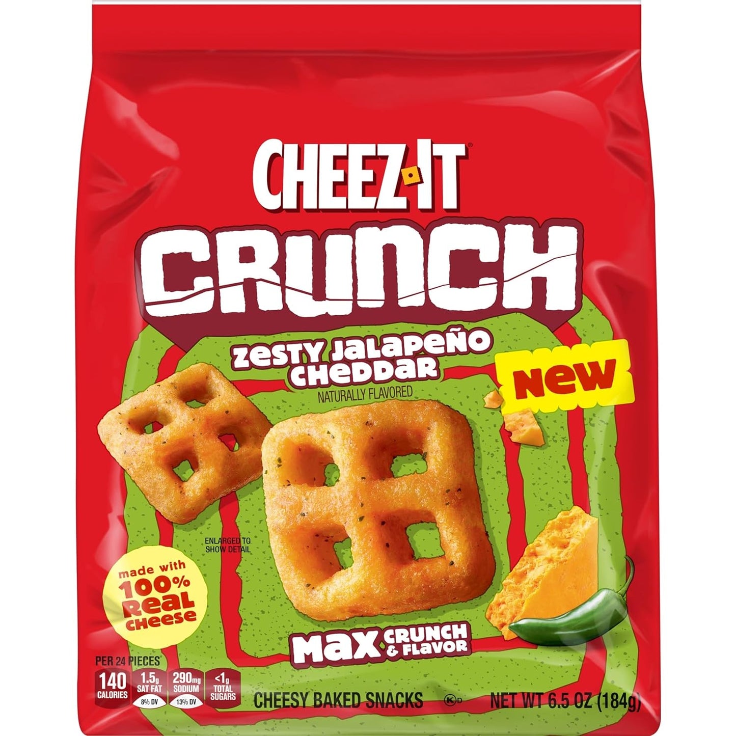 Cheez-It Crunch Cheesy Baked Snacks, Lunch Snacks, Zesty Jalapeno Cheddar, 6.5oz Bag (1 Bag)