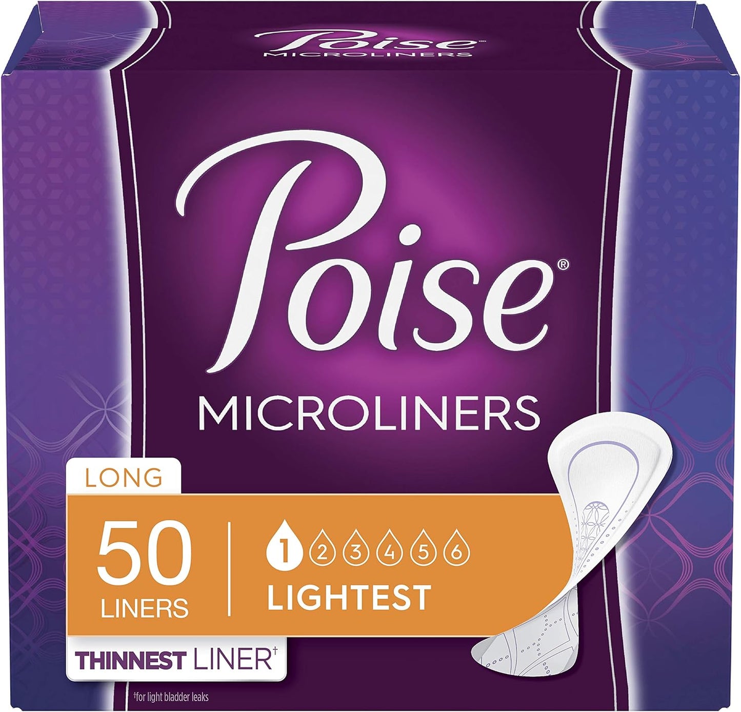 Poise Daily Microliners, Incontinence Panty Liners, Lightest Absorbency, Long, 50 Count