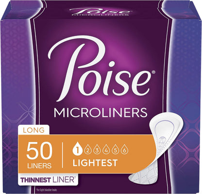 Poise Daily Microliners, Incontinence Panty Liners, Lightest Absorbency, Long, 50 Count