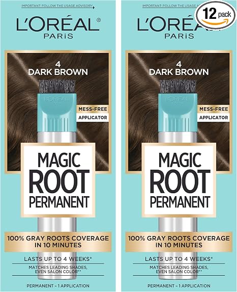 L'Oreal Paris Magic Root Permanent Hair Color Kit, 100% Gray Hair Coverage In Just 10 Minutes, Precision Brush Applicator for Seamless Application, 4 Dark Brown (Pack of 12)
