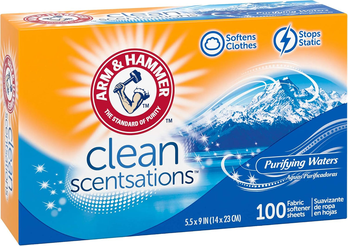 ARM & HAMMER Fabric Softener Dryer Sheets, Purifying Waters, 100 Count