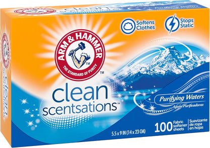ARM & HAMMER Fabric Softener Dryer Sheets, Purifying Waters, 100 Count