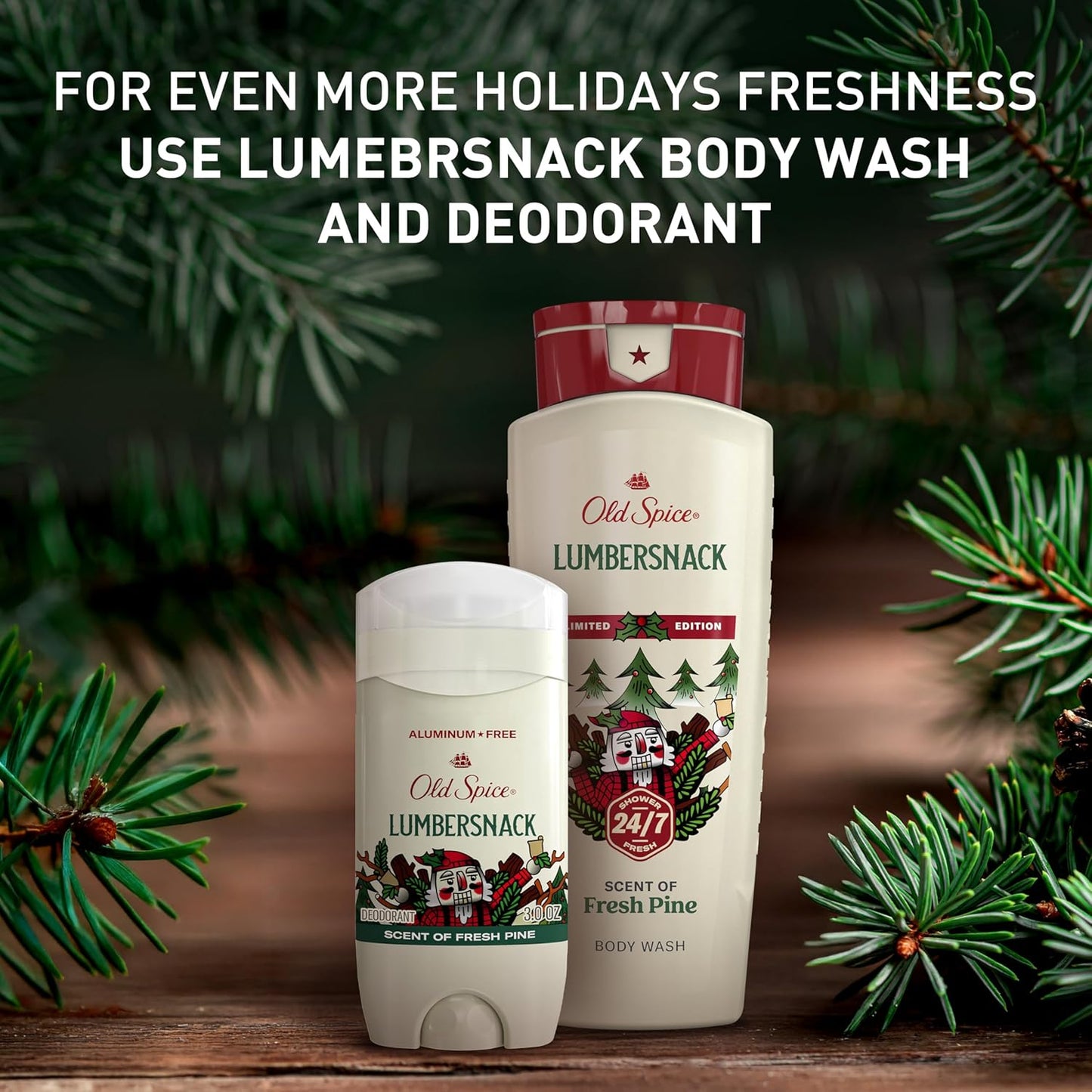 Old Spice Aluminum Free Deodorant for Men, Holidudes Limited Edition, 24/7 Holiday Freshness, Odor Protection, Stocking Stuffer, Lumbersnack with Fresh Pine Scent, 3.0 oz