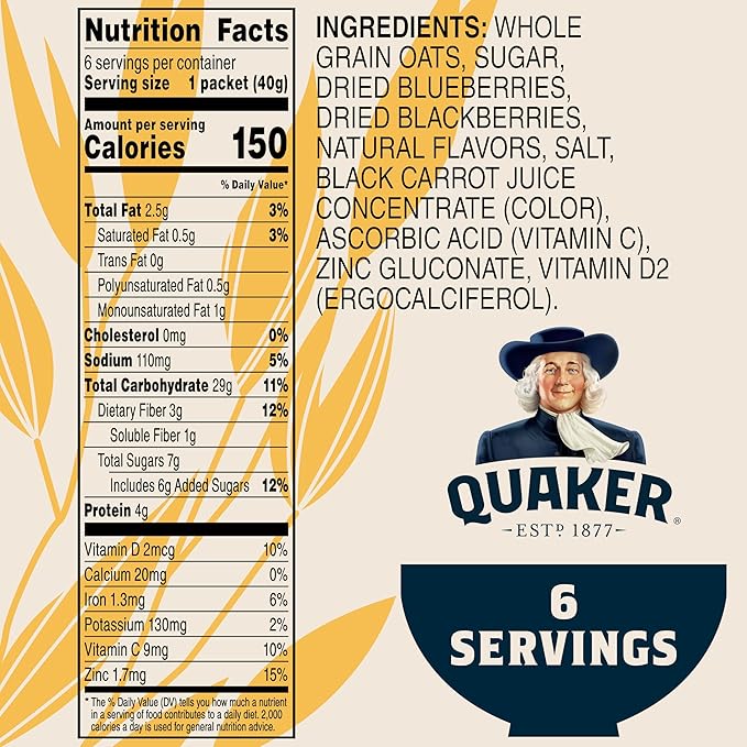 Quaker Immunity Instant Oatmeal, Blueberry Blackberry, Good Source of Vitamins C, D, & Zinc, Whole Grains, No Artificial Flavors, No Colors from Artificial Sources, 1.41 oz Packets, (6 Pack)