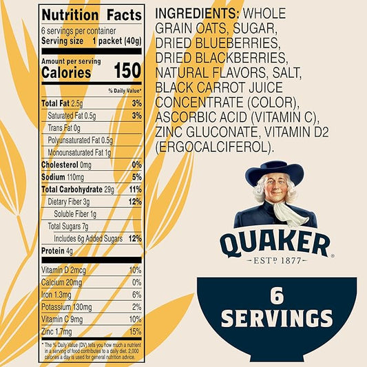 Quaker Immunity Instant Oatmeal, Blueberry Blackberry, Good Source of Vitamins C, D, & Zinc, Whole Grains, No Artificial Flavors, No Colors from Artificial Sources, 1.41 oz Packets, (6 Pack)