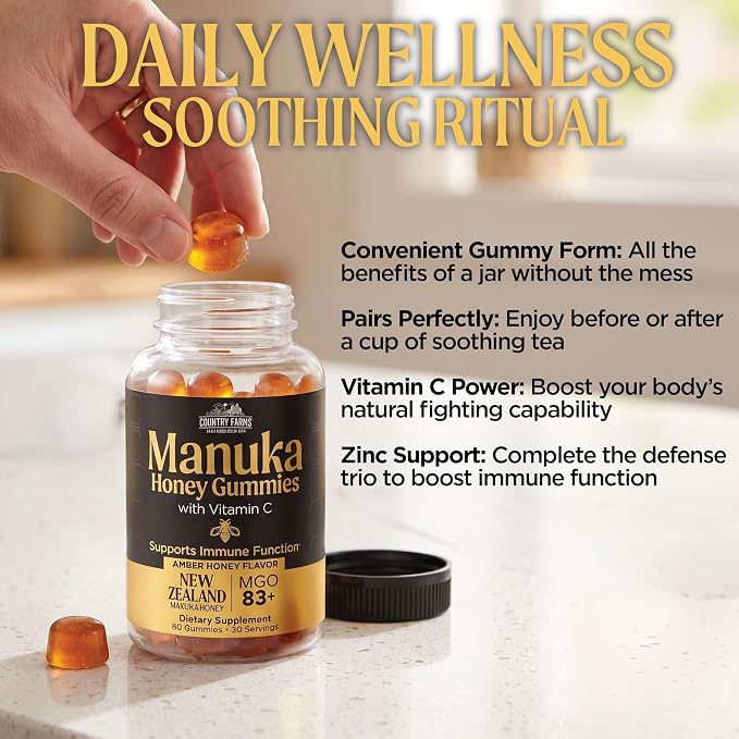 Country Farms Manuka Honey Gummies with Vitamin C – New Zealand Manuka Honey MGO 83+ – Immune Support Supplement, Organic Honey Gummies, Raw Honey Alternative, 60 Count (30 Servings)