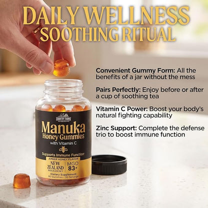 Country Farms Manuka Honey Gummies with Vitamin C – New Zealand Manuka Honey MGO 83+ – Immune Support Supplement, Organic Honey Gummies, Raw Honey Alternative, 60 Count (30 Servings)