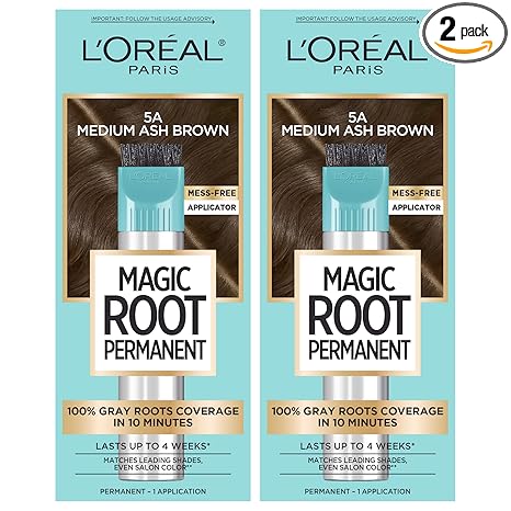 L'Oreal Paris Magic Root Permanent Hair Color Kit, 100% Gray Hair Coverage In Just 10 Minutes, Precision Brush Applicator for Seamless Application, 5A Medium Ash Brown (2 Count)