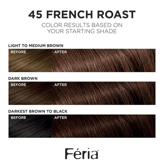 L'Oreal Paris Feria Multi-Faceted Shimmering Permanent Hair Color, 45 French Roast (Deep Bronzed Brown), Pack of 2 Hair Dye Kit