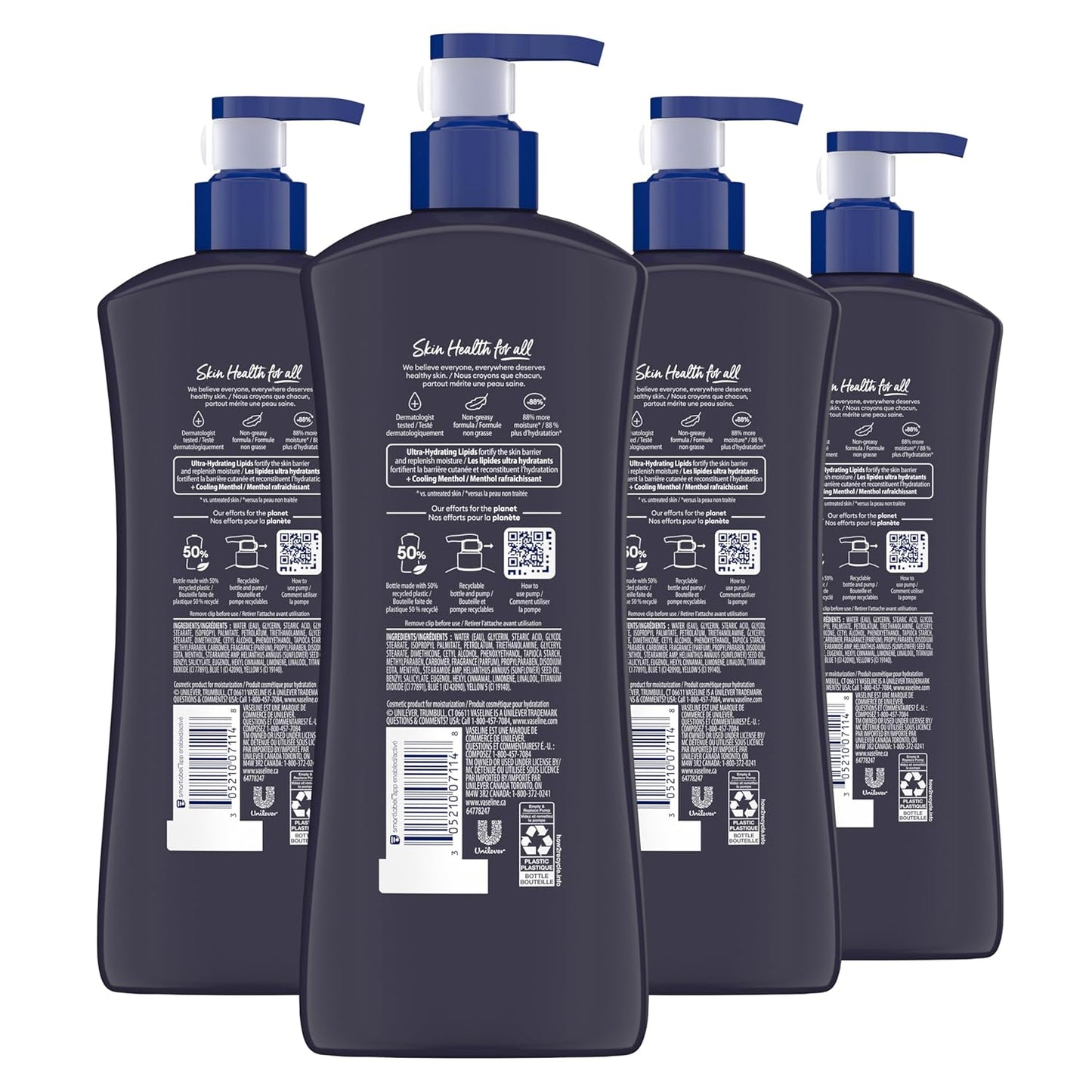 Vaseline Men Cooling Hydration 3-in-1 4 Pack for Dry Skin Face, Hands & Body Lotion for Men with Menthol & Ultra-Hydrating Lipids 20.3 oz