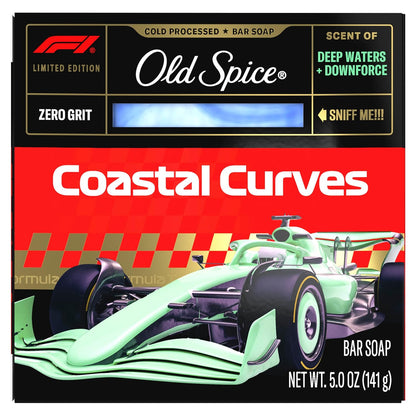 Old Spice Bar Soap for Men, F1 Collection, Cold Pressed with Zero Grit, Fast Track to Freshness, Made with Natural Oils & Plant Based Cleanser, Coastal Curves with Deep Waters & Downforce Scent, 5 oz