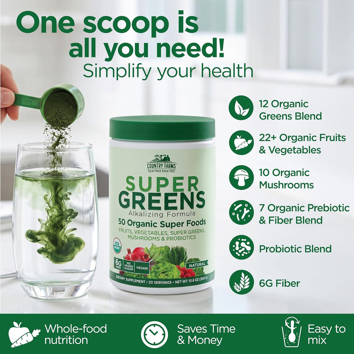 Country Farms Super Greens Natural Flavor, 50 Organic Super Foods, USDA Organic Drink Mix, Fruits, Vegetables, Super Greens, Mushrooms & Probiotics, Supports Energy, 40 Servings, 10.6 Oz, 2 Pack