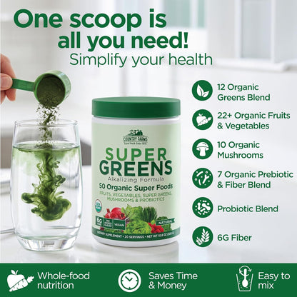 Country Farms Super Greens Natural Flavor, 50 Organic Super Foods, USDA Organic Drink Mix, Fruits, Vegetables, Super Greens, Mushrooms & Probiotics, Supports Energy, 40 Servings, 10.6 Oz, 2 Pack