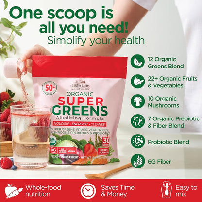 Country Farms Super Greens Berry Flavor, 50 Organic Super Foods, USDA Organic Drink Mix (Wheat Grass, Spirulina, Chlorella) Mushrooms & Probiotics, with Fiber, Gut Health, Natural Energy, 30 Servings