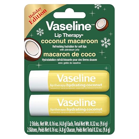 Vaseline Lip Therapy Holiday Edition Coconut Macaroon, Refreshing Hydration with Petroleum Jelly, 2 Pack with 4 Sticks, 0.16 oz Each