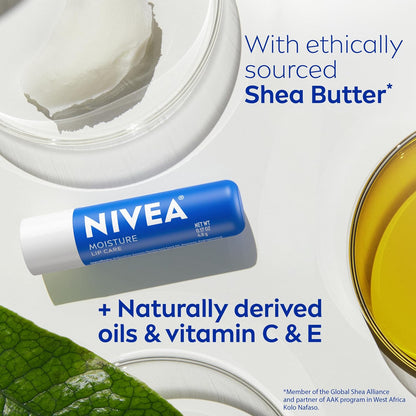 NIVEA Moisture Lip Care, Hydrating Lip Balms with Shea Butter, 4 x 0.17 OZ