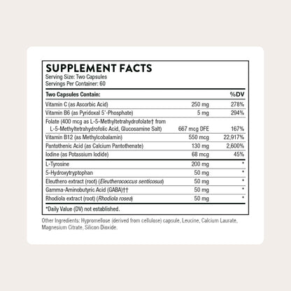 THORNE - Emotion Balance Support - Supports Mood & Stress Management* - Vitamins B6, B12 & C, 5-HTP, GABA, Rhodiola, Folate (5-MTHF) & L-Tyrosine - Third-Party Certified - Gluten-Free - 120 Capsules