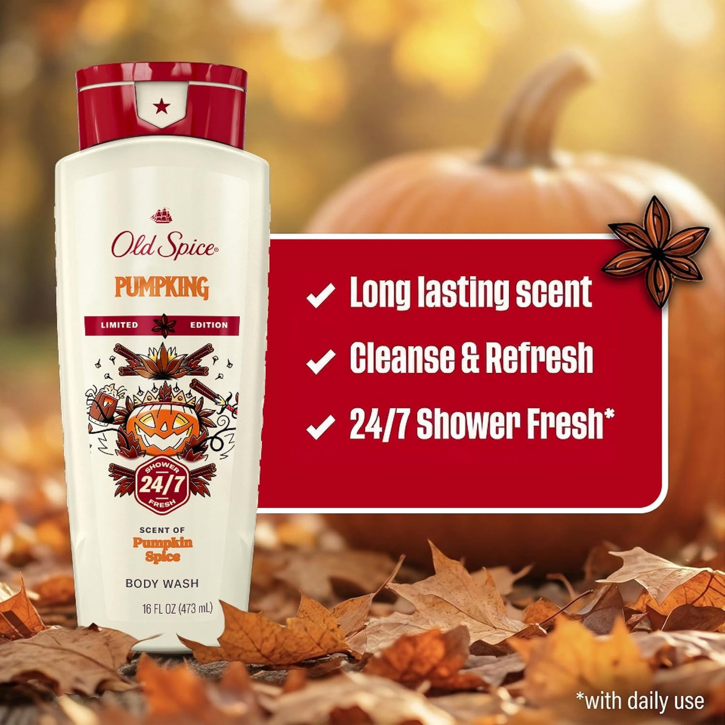 Old Spice Body Wash for Men, Fallidudes Edition, 24/7 Frightful Freshness, Long Lasting Cleanse & Refresh, Rich Lather, PumpKing Pumpkin Spice Scent, 16 oz