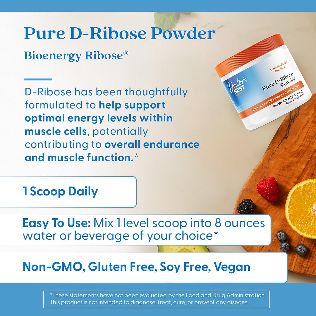 Doctor's Best Pure D Ribose Powder Supplement, Gluten Free, Vegan, 8.8 oz