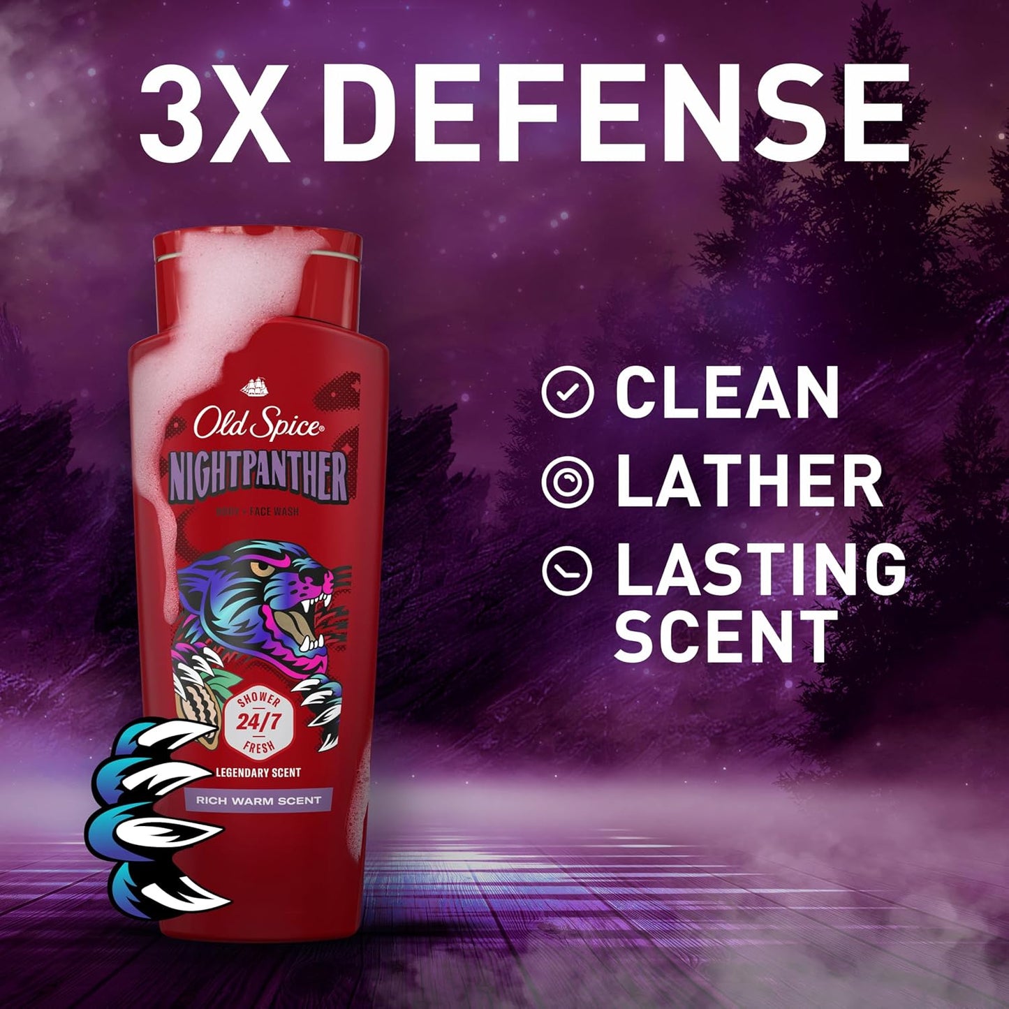 Old Spice Cleansing Body Wash for Men, 3X Defense, 24/7 Shower Fresh with Lasting Scent, 2-in-1 Body & Face Wash, NightPanther with Rich Warm Scent, 24 oz (Pack of 4)