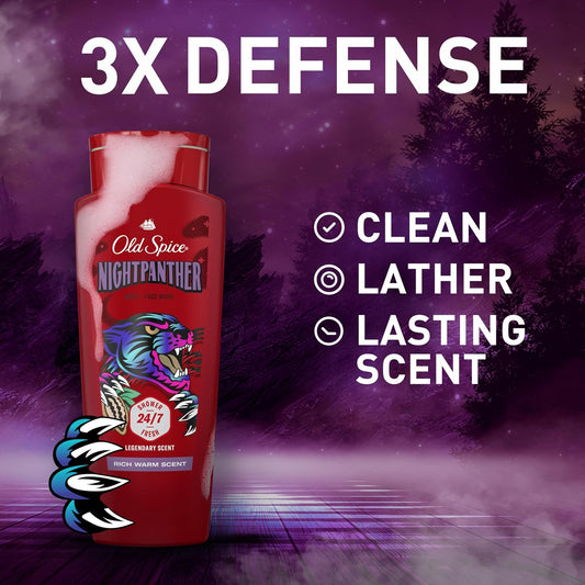 Old Spice Cleansing Body Wash for Men, 3X Defense, 24/7 Shower Fresh with Lasting Scent, 2-in-1 Body & Face Wash, NightPanther with Rich Warm Scent, 24 oz (Pack of 4)