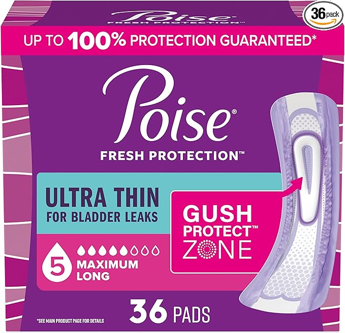 Poise Ultra Thin Incontinence & Postpartum Pads for Bladder Leaks, 5 Drop Maximum Absorbency, Long Length, 36 Count (Packaging May Vary)