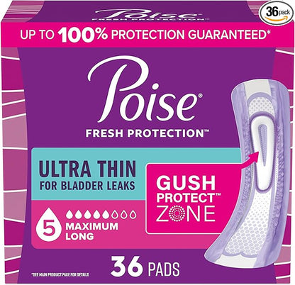 Poise Ultra Thin Incontinence & Postpartum Pads for Bladder Leaks, 5 Drop Maximum Absorbency, Long Length, 36 Count (Packaging May Vary)
