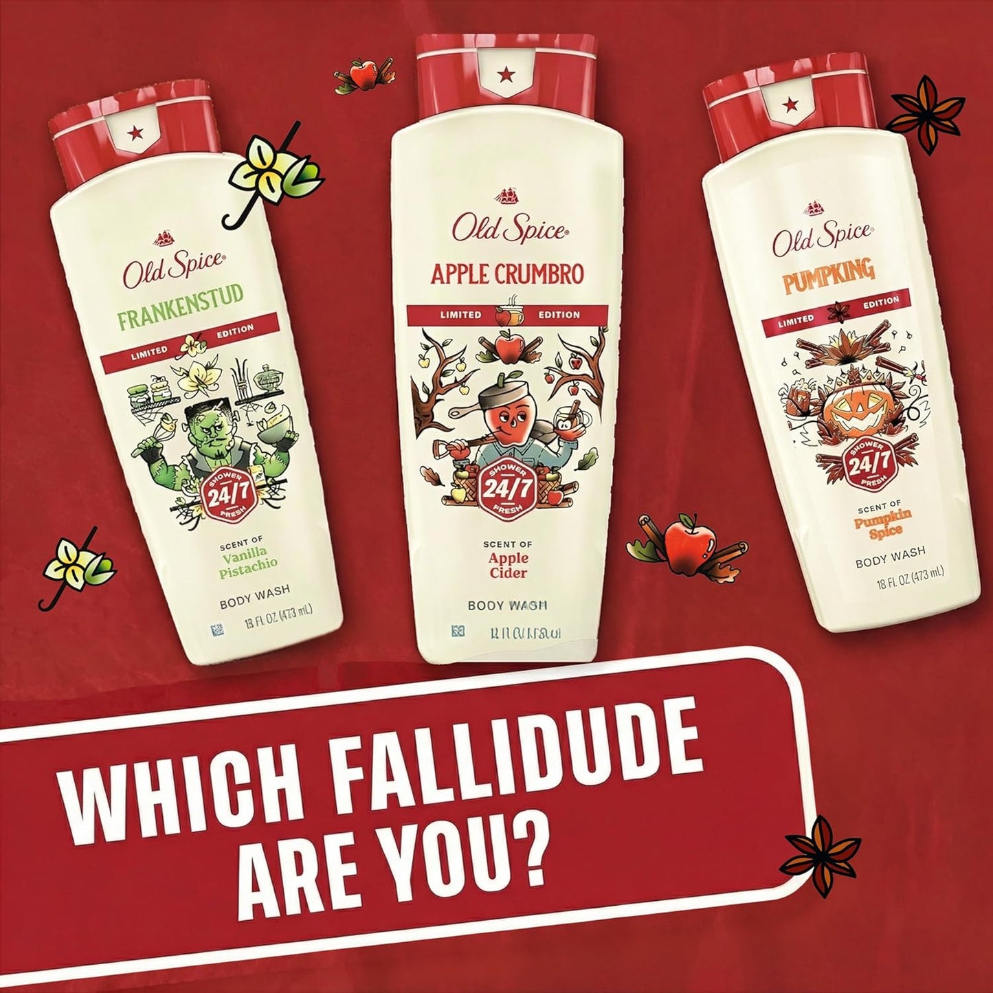 Old Spice Body Wash for Men, Fallidudes Edition, 24/7 Frightful Freshness, Long Lasting Cleanse & Refresh, Apple Crumbro with Apple Cider Scent, 16 oz