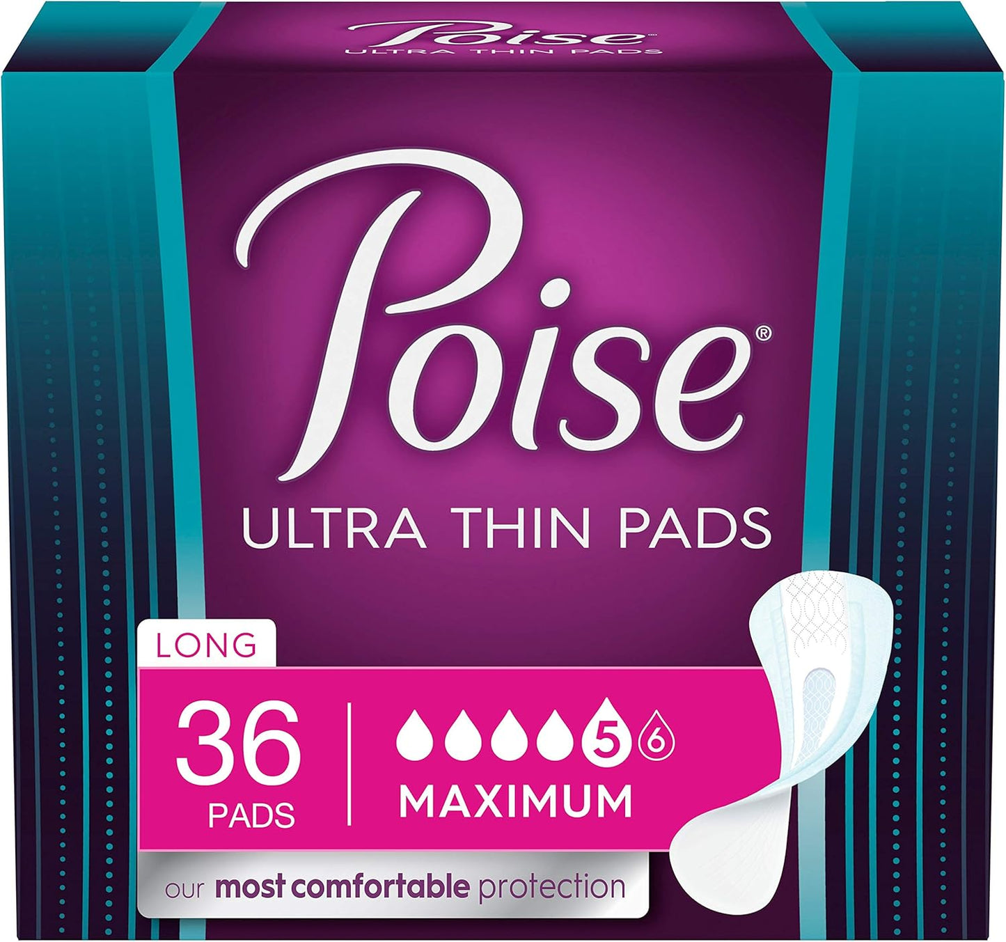 Poise Ultra Thin Incontinence Bladder Leakage & Postpartum Pads for Women, Maximum Absorbency, Long Length, Small, 36 Count