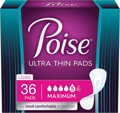 Poise Ultra Thin Incontinence Bladder Leakage & Postpartum Pads for Women, Maximum Absorbency, Long Length, Small, 36 Count