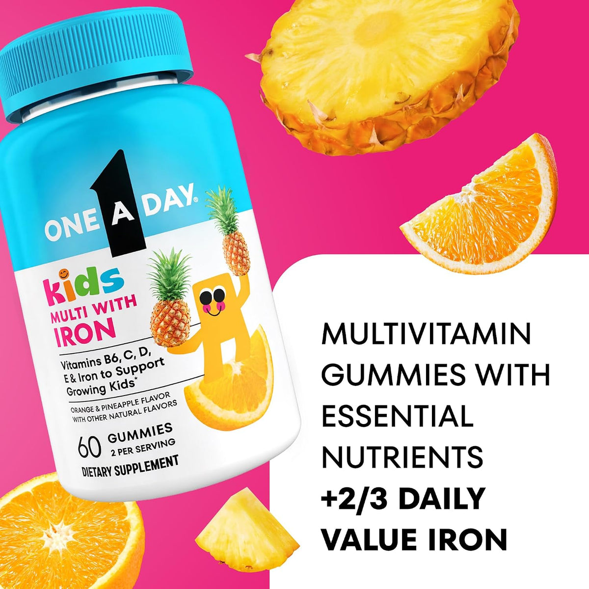 One A Day Kids Multivitamin with Iron Gummy, Vitamin D, Vitamin C, E, Zinc for Immune Support, Gummy Vitamins, Kids Multivitamin Gummies with Iron, Orange & Pineapple Flavor, 60 Ct(Packaging May Vary)