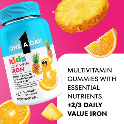 One A Day Kids Multivitamin with Iron Gummy, Vitamin D, Vitamin C, E, Zinc for Immune Support, Gummy Vitamins, Kids Multivitamin Gummies with Iron, Orange & Pineapple Flavor, 60 Ct(Packaging May Vary)