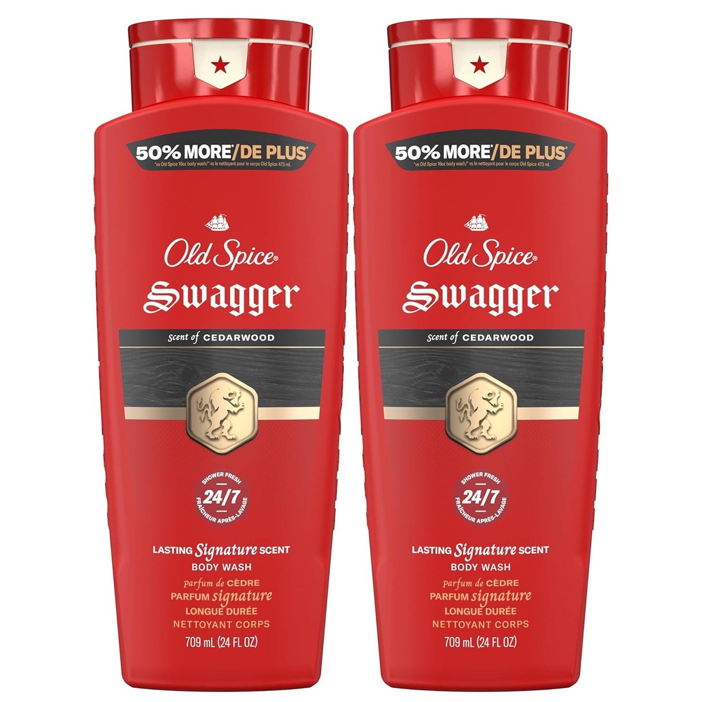 Old Spice Refreshing Body Wash for Men, 3X Defense, 24/7 Shower Fresh with Long Lasting Scent, Red Collection, Swagger with Cedarwood Scent, 24 oz (Pack of 2)