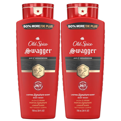 Old Spice Refreshing Body Wash for Men, 3X Defense, 24/7 Shower Fresh with Long Lasting Scent, Red Collection, Swagger with Cedarwood Scent, 24 oz (Pack of 2)