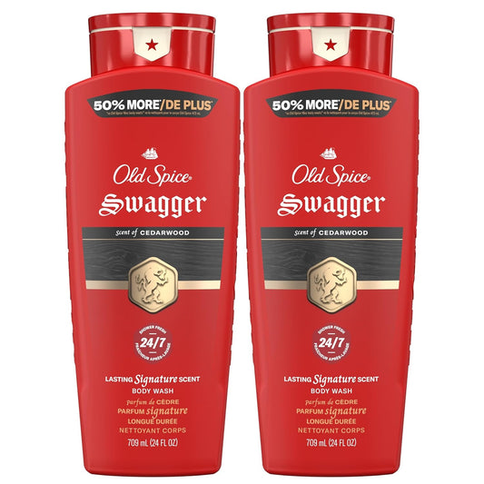 Old Spice Refreshing Body Wash for Men, 3X Defense, 24/7 Shower Fresh with Long Lasting Scent, Red Collection, Swagger with Cedarwood Scent, 24 oz (Pack of 2)
