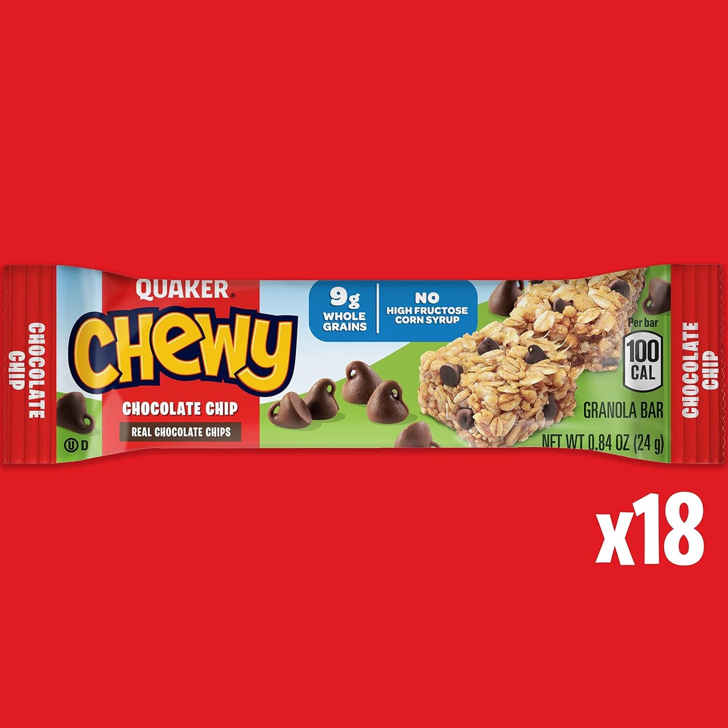 Quaker Chewy Granola Bars Chocolate Chip, 0.84 Oz, 18 Ct, Pack of 1